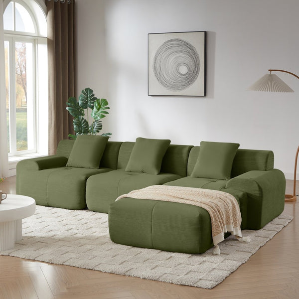 English Elm 113" Modular L-shaped Sectional Sofa Corduroy Upholstered with Movable Ottoman Green W1359S00058