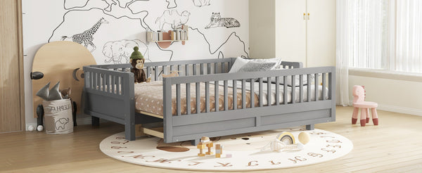 English Elm Twin Xl Convertible Platform Bed With Guardrails, Solid Wood Frame In Gray - Safe & Stylish Sleep Solution W1580S00242-GIGA