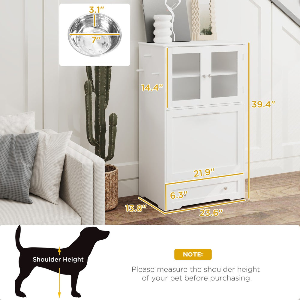 English Elm Pet Feeder Storage Cabinet with Raised Bowls Tempered Glass Door and White Mdf Build T3971P407156