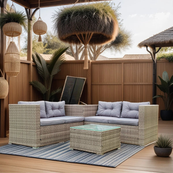 English Elm 4 Piece Patio Sectional Wicker Rattan Sofa Set With Storage Box – Versatile Comfort For Outdoors W329S00032
