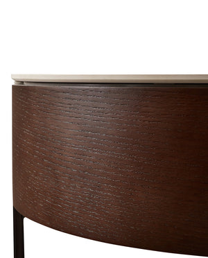 English Elm Modern Round Coffee Table with Sintered Stone Top, Smoked Wood Veneer, Drawers & Golden Legs — Durable Scratch‑Resistant Design for Living Room Lounge (White+Natural) W1911P195002