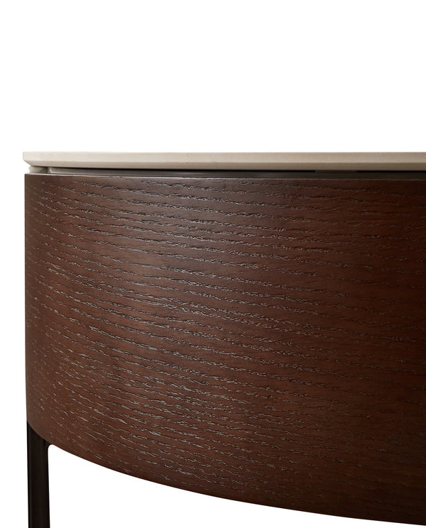 English Elm Modern Round Coffee Table with Sintered Stone Top, Smoked Wood Veneer, Drawers & Golden Legs — Durable Scratch‑Resistant Design for Living Room Lounge (White+Natural) W1911P195002