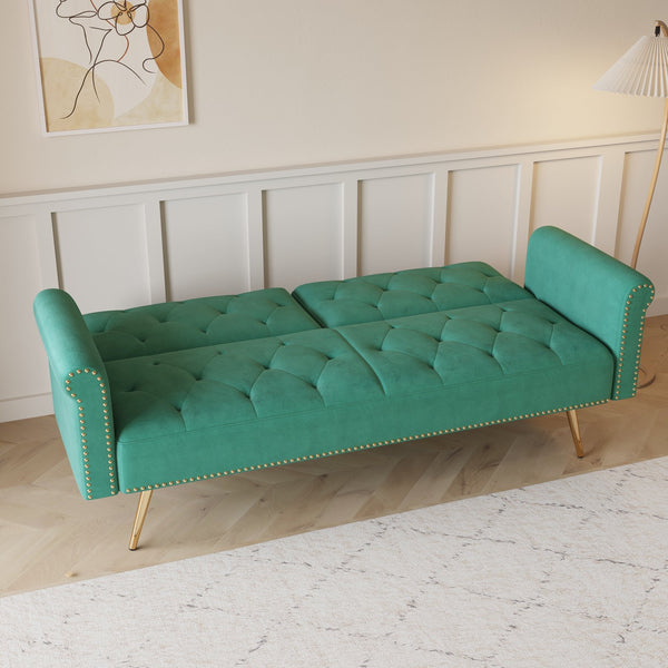 English Elm A Velvet 69.7" Sofa Bed with Gold Legs, Nailhead Trim, 2-Seater Convertible Sofa with Pillow Green W3356P298451