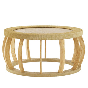 English Elm 35.43"vintage Woven Rattan Round Coffee Table Curved Wood Legs Boho Living Room W757P383547