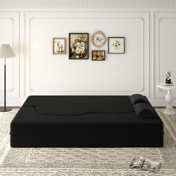English Elm Modern Full Size Folding Sofa Bed with Plush Corduroy, 2 Pillows, 15" Foam Mattress, No Assembly Required Black W1885P347089