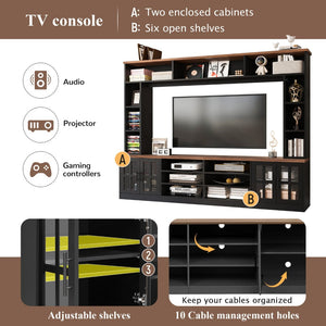 English Elm 95.5" Modern Farmhouse Wall Unit Mdf Bookshelf with Tempered Glass Cabinet Doors Black SJ000161AAB