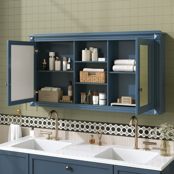 English Elm 55 Inch Wall Mount Medicine Cabinet Dual Mirrored Doors Soft Close Bathroom Vanity Storage Blue N710P401342C