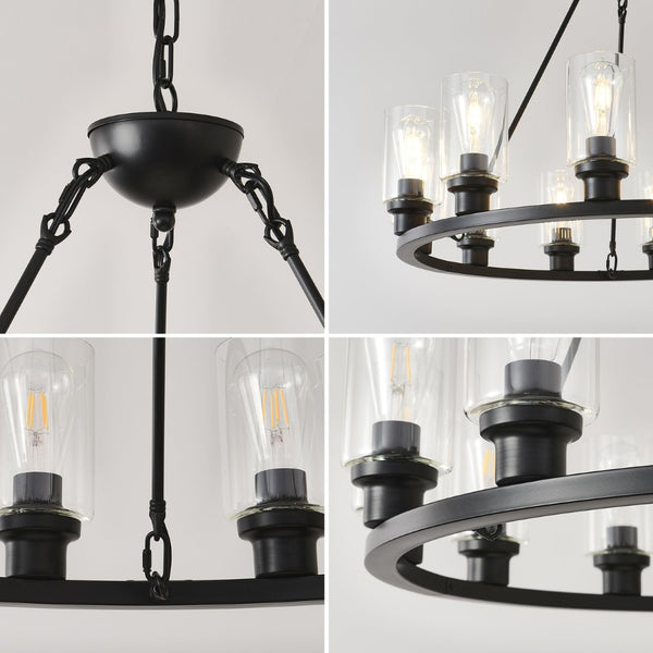 English Elm 34.25'' Farmhouse Wagon Wheel Chandelier 9 Light Seeded Glass Dining Room Fixture W5008P468521