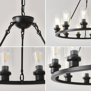 English Elm 9-light Matte Black Wagon Wheel Chandelier Seeded Glass Farmhouse Dining Room W5008P392768