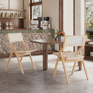English Elm Wood Folding Dining Chairs with Rattan Woven Seat and Webbing Back Set of 2 Beige,Natural T3623P431378