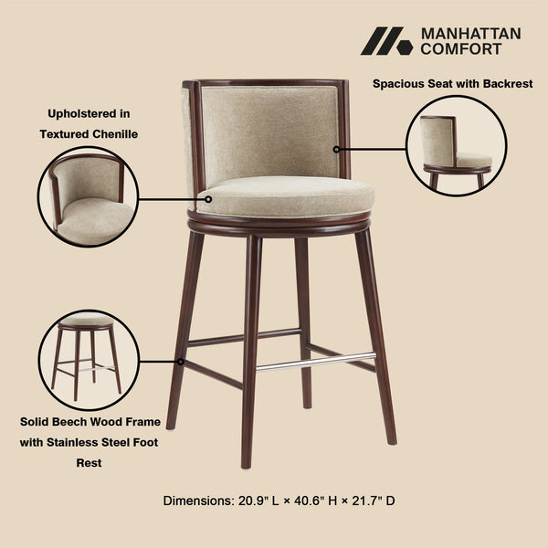 English Elm Evalyn Natural Textured Chenille Barstool — Round Padded Seat, Beech Wood Frame, Footrest, Commercial Grade B365P398037