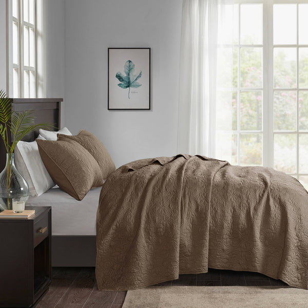 JLA Home Madison Park - 3 Reversible Quilt Set with Textured Stitching, Antimicrobial Cotton Fill for Year-Round Comfort Mocha MP13-6487