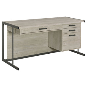 English Elm Brisley Weathered Whitewashed Grey Office Desk with Gunmetal Sled Base, 3-Drawer Ergonomic Storage (60") B062P333477