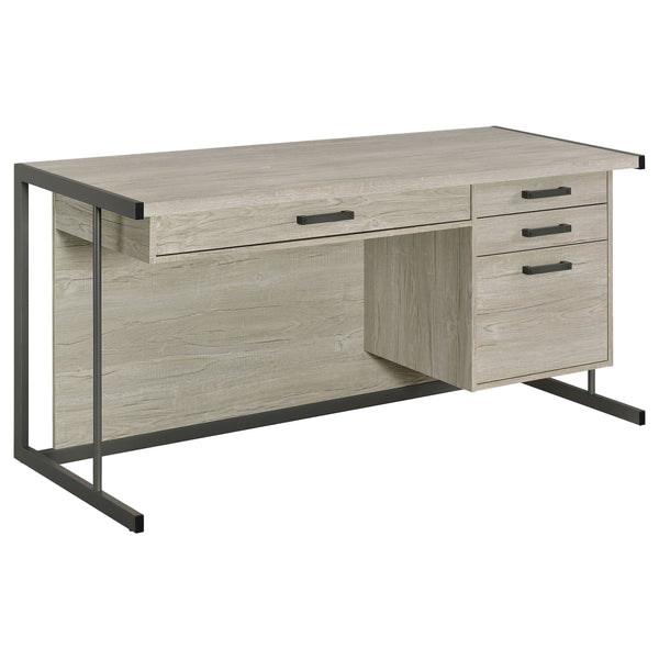 English Elm Brisley Weathered Whitewashed Grey Office Desk with Gunmetal Sled Base, 3-Drawer Ergonomic Storage (60") B062P333477