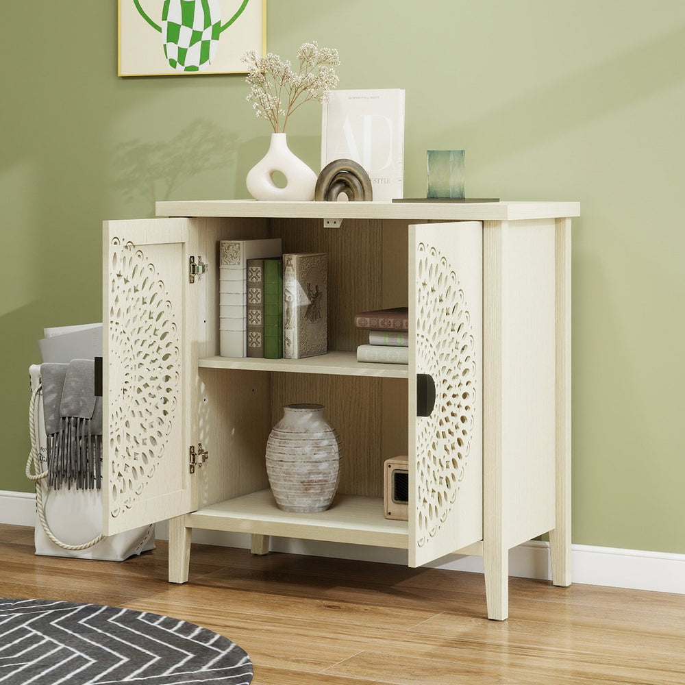 English Elm Hollow-Carved 2 Door Accent Cabinet with Adjustable Shelves, Anti-Tip Sideboard for Entryway Living Room Bedroom (36.11"L x 18.12"W x 7.68"H) W688P225282