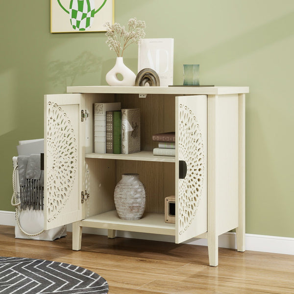 English Elm Hollow-Carved 2 Door Accent Cabinet with Adjustable Shelves, Anti-Tip Sideboard for Entryway Living Room Bedroom (36.11"L x 18.12"W x 7.68"H) W688P225282