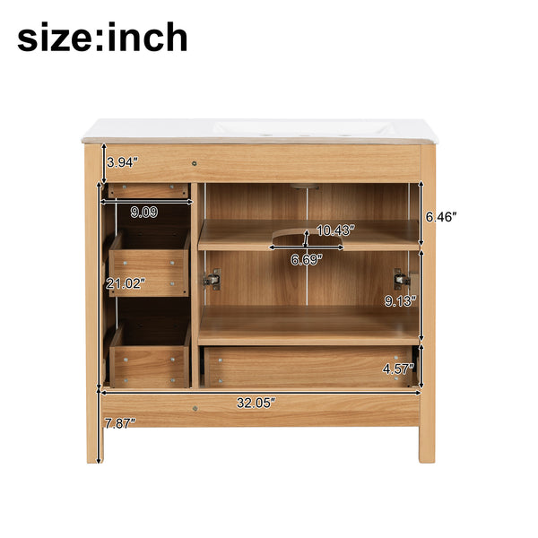 English Elm 36" Wood Bathroom Vanity Cabinet with Solid Frame, Ceramic Sink, Soft-Close Doors & Organized Drawers N729P321351N