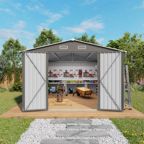 English Elm 10x12ft Galvanized Steel Outdoor Storage Shed with Vented Windows and Lockable Doors W3213S00008
