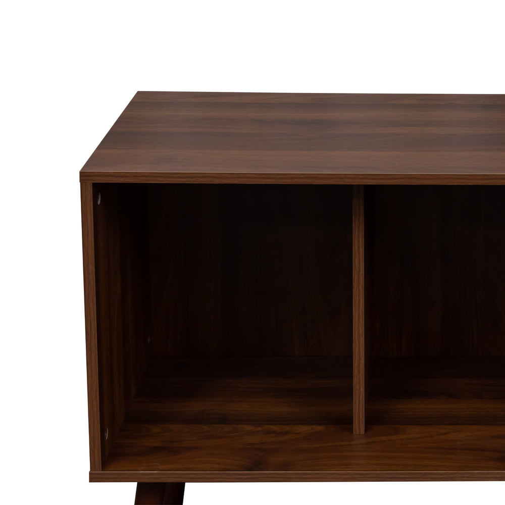 English Elm TV Stand Sleek Mid-Century Living Room Cabinet with 1 Hidden Storage, 3 Open Shelves, Sturdy Frame Walnut W331P247814
