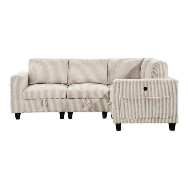 English Elm 4-Piece Modular Sectional with Storage Drawers, Side Pockets and USB Charging in Corduroy Upholstery Beige 28.5 L x 29 W x 20.5 H B011S01074