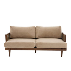 English Elm Emir Three Seat Boucle Sofa with Handwoven Cane Arms and Walnut Tapered Legs Camel N773P285909C