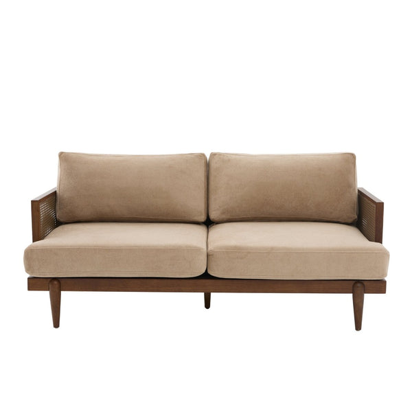 English Elm Emir Three Seat Boucle Sofa with Handwoven Cane Arms and Walnut Tapered Legs Camel N773P285909C