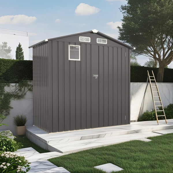 English Elm 6x Galvanized Steel Outdoor Storage Shed with Peaked Roof Skylight and Lockable Door W3213P309350