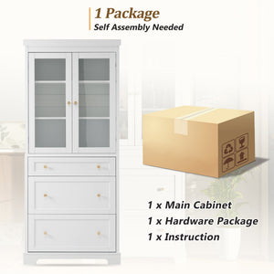English Elm 70.1" Modern Tall Storage Cabinet with 3 Drawers, 2 Adjustable Shelves, Soft-Close Glass Doors, Gold Handles White N729P271979K