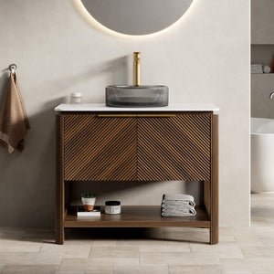 English Elm Dina Floating Bathroom Vanity Sintered Stone Top Glass Basin Striped Plywood Cabinet W2615S00730