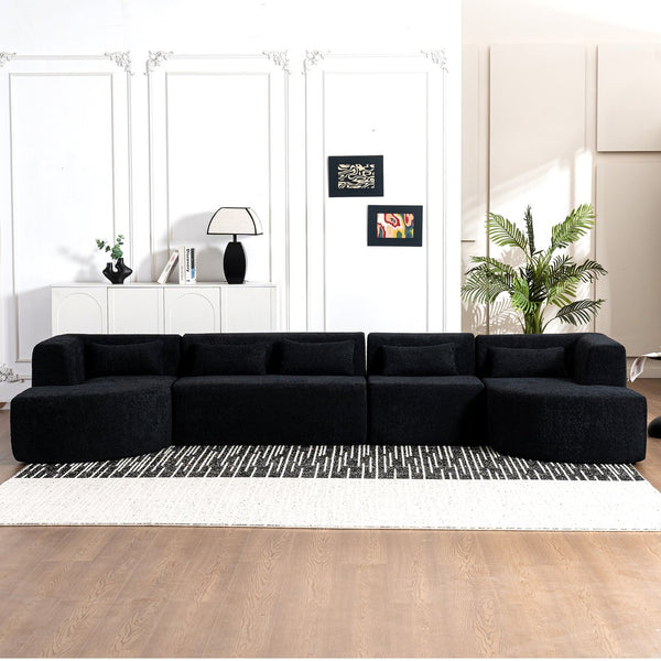 English Elm 144" Upholstered L-Shape Sofa with Bouclé Fabric, Plush Pocket-Spring Seats & Five Pillows for Living Room Black N719S001850B