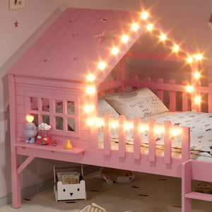 English Elm Twin Playhouse Loft Bed Solid Pine Frame with Slide Led Lights and Star Roof Pink W5316S00006