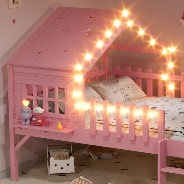 English Elm Twin Playhouse Loft Bed Solid Pine Frame with Slide Led Lights and Star Roof Pink W5316S00006