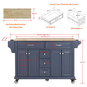 English Elm Kitchen Island durable rubberwood countertop kitchen cart on casters with towel rack, spice shelf, 5 drawers and adjustable shelving for organized meal prep and mobility Blue W914S00005