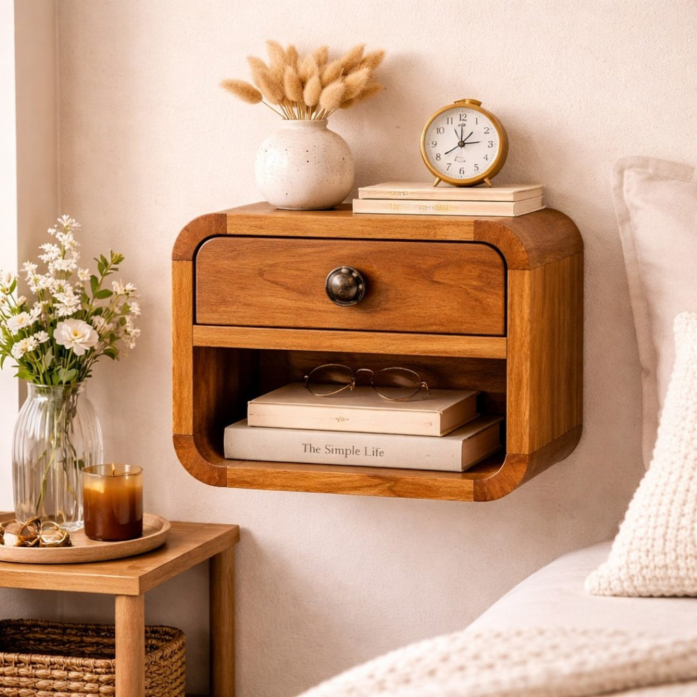 English Elm Solid Wood Handcrafted Floating Bedside Shelf with Organic Curved Scandinavian Design B182P490947