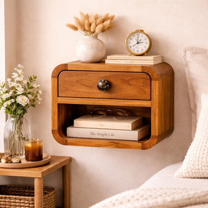 English Elm Solid Wood Handcrafted Floating Bedside Shelf with Organic Curved Scandinavian Design B182P490947