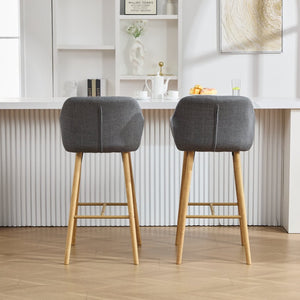 English Elm Modern Linen Upholstered Barstools with Oak Legs Armrests and Footrest for Kitchen Islands Gray W395P396316