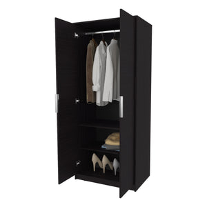 English Elm Wardrobe Compact Berlin Two-Door Closet with Hanging Rod, Two Shelves & Shoe Storage, Wengue Finish B128P343764