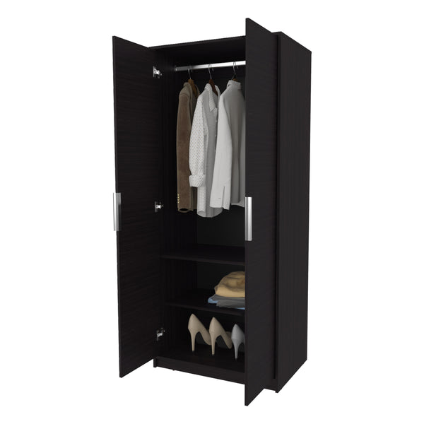 English Elm Wardrobe Compact Berlin Two-Door Closet with Hanging Rod, Two Shelves & Shoe Storage, Wengue Finish B128P343764
