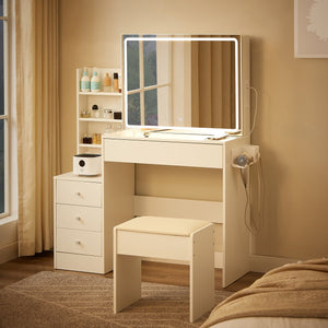 English Elm Vanity LED mirror vanity with 3-mode dimmable lights, power & USB ports, hairdryer holder, stool W1668P197385