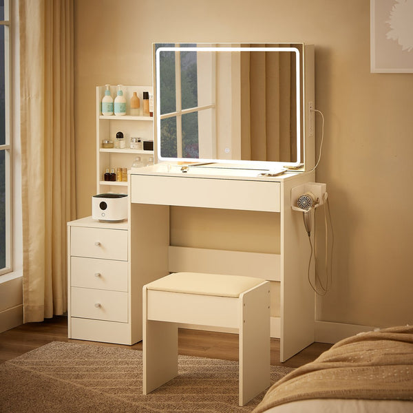 English Elm Vanity LED mirror vanity with 3-mode dimmable lights, power & USB ports, hairdryer holder, stool W1668P197385