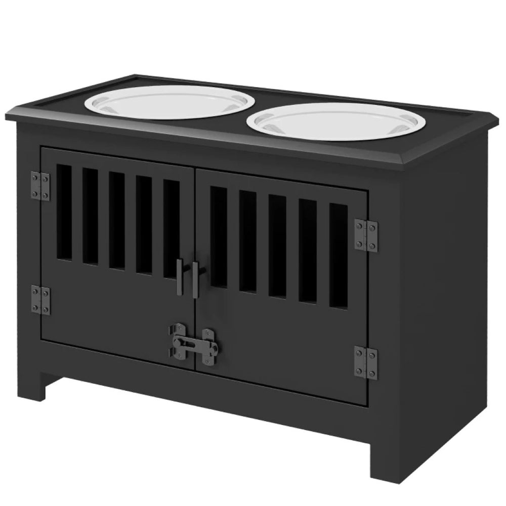 English Elm Pet Feeding Station with Raised Stainless Bowls Mdf Stand and Storage Drawer Black T3971P433950