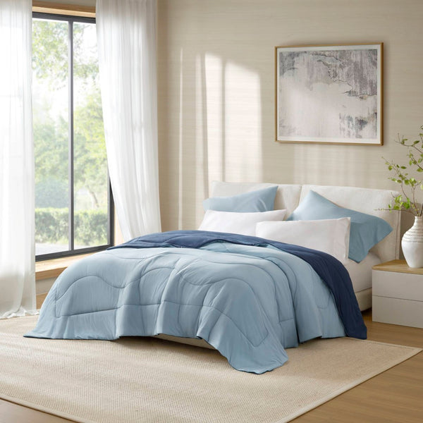 English Elm 1-piece King Reversible Tencel Fill Comforter with Sculptural Weave Cooling Texture Blue B035P408282