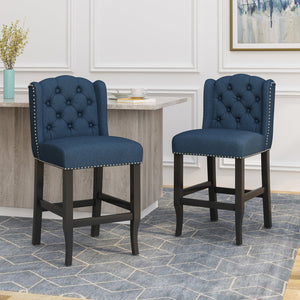 English Elm Christopher Knight Home® - Vienna Fabric Tufted Wingback Counter Stools Set of 2 with Rivet Trim Rubberwood Legs, 27" Seat Height Navy Blue 64855.00NBLU