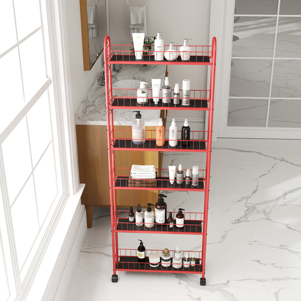 English Elm Red 6-Tier Rolling Cart Slim Slide-Out Storage Tower with Wheels, Lockable, Heavy-Duty Metal Rack W2167P195981