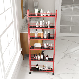 English Elm Red 6-Tier Rolling Cart Slim Slide-Out Storage Tower with Wheels, Lockable, Heavy-Duty Metal Rack W2167P195981