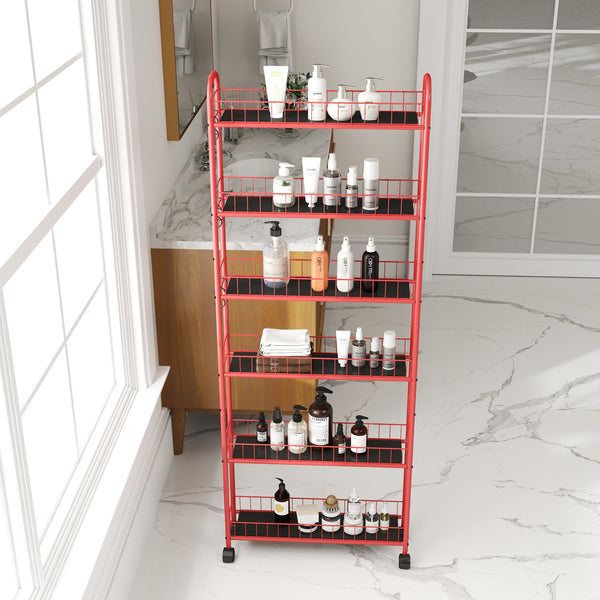 English Elm Red 6-Tier Rolling Cart Slim Slide-Out Storage Tower with Wheels, Lockable, Heavy-Duty Metal Rack W2167P195981