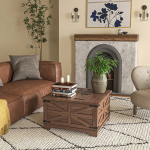 English Elm HOMCOM Farmhouse Coffee Table with Flip Lift Top and Hidden Storage, Square Center Table, Rustic Charm Brown W2225P217458