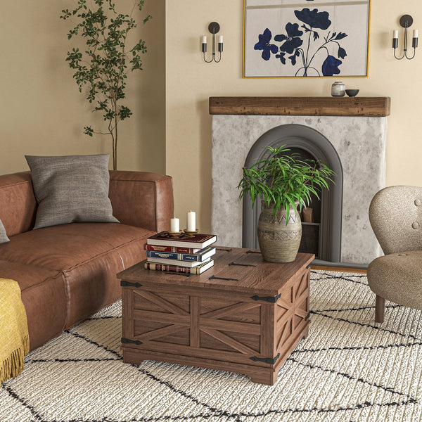 English Elm HOMCOM Farmhouse Coffee Table with Flip Lift Top and Hidden Storage, Square Center Table, Rustic Charm Brown W2225P217458