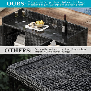 English Elm K&k Outdoor Wicker Bar Cabinet with Tempered Glass Top Adjustable Shelving and Drawer Black Brown N707P233745B