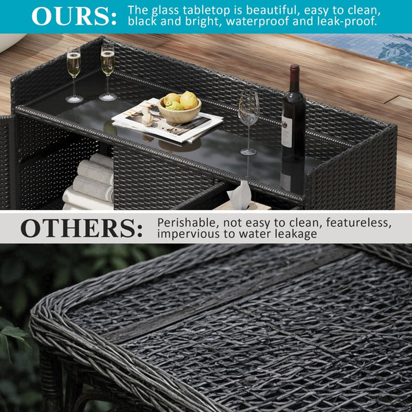 English Elm K&k Outdoor Wicker Bar Cabinet with Tempered Glass Top Adjustable Shelving and Drawer Black Brown N707P233745B